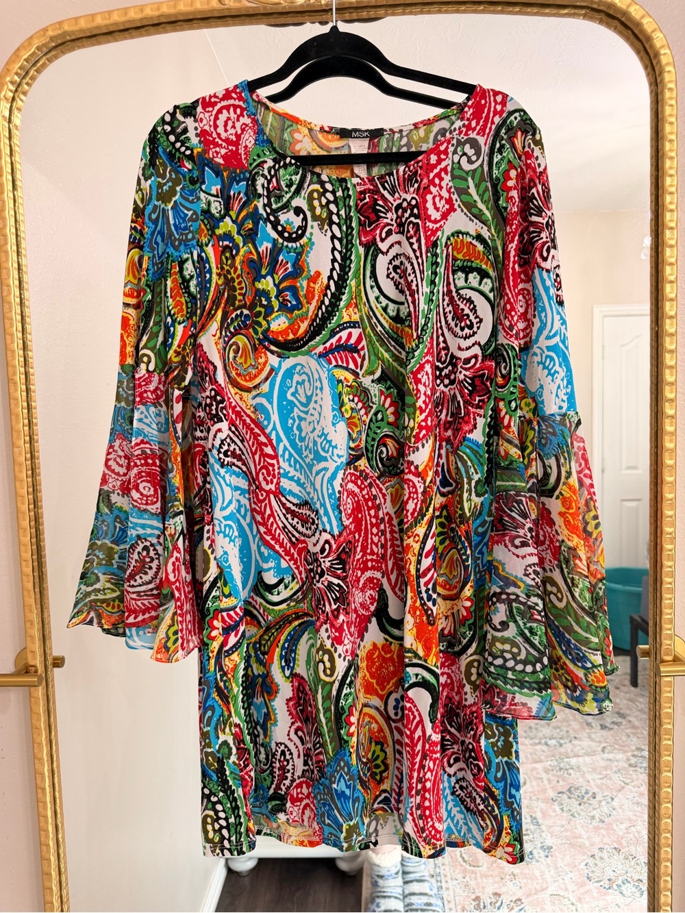 MSK Multicolor Paisley Bell-Sleeve Top — Red, Blue, Green, Yellow